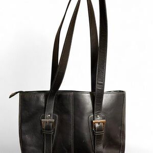 Multi-Pocket Black Leather Shoulder Bag